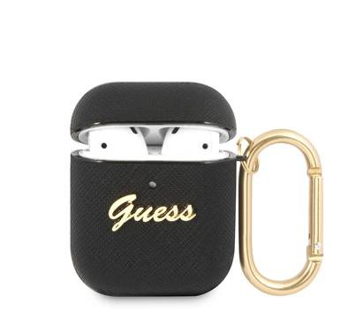 CG Mobile Guess PU Saffiano Case with Script Metal Logo for Airpods 1/2, Scratch Resistant, Shock Absorption & Drop Protection Cover Officially Licensed, Black