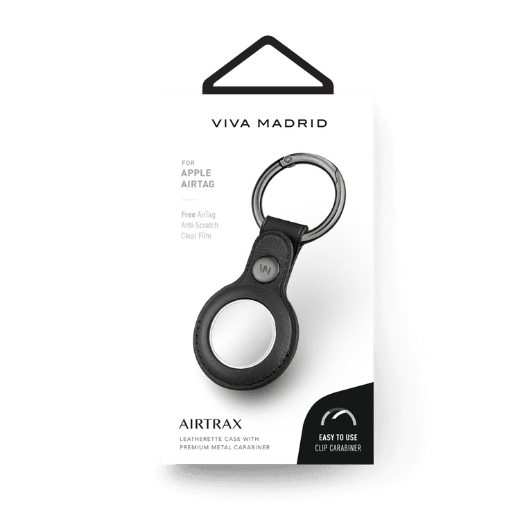 Viva Madrid Airtrax Leather Case Compatible with AirTag, Scratch Protective Skin Cover, Anti-Lost Holder with Key Ring Suitable for AirTag Bluetooth Tracker - Black