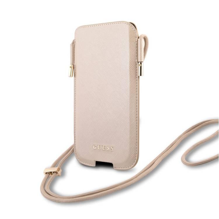CG MOBILE Guess Saffiano Classic Crossbody Pouch Case with Cord for iPhone 12 / 12 Pro ( 6.1" ) Anti-Fall Necklace, Adjustable Neck Cord Lanyard Strap Officially Licensed Gold