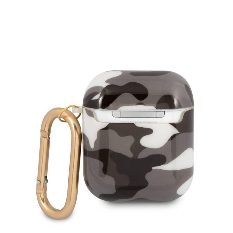 CG MOBILE Guess TPU Shinny Camouflage Case with Anti-Lost Ring Compatible for AirPods, Scratch & Drop Resistant Cover, Dustproof Protective Silicone Case - Black