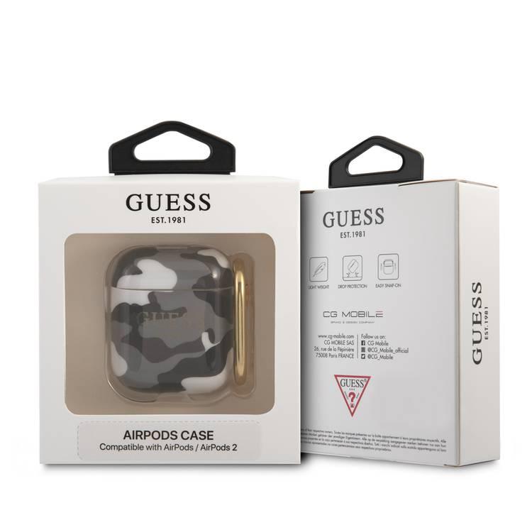 CG MOBILE Guess TPU Shinny Camouflage Case with Anti-Lost Ring Compatible for AirPods, Scratch & Drop Resistant Cover, Dustproof Protective Silicone Case - Black