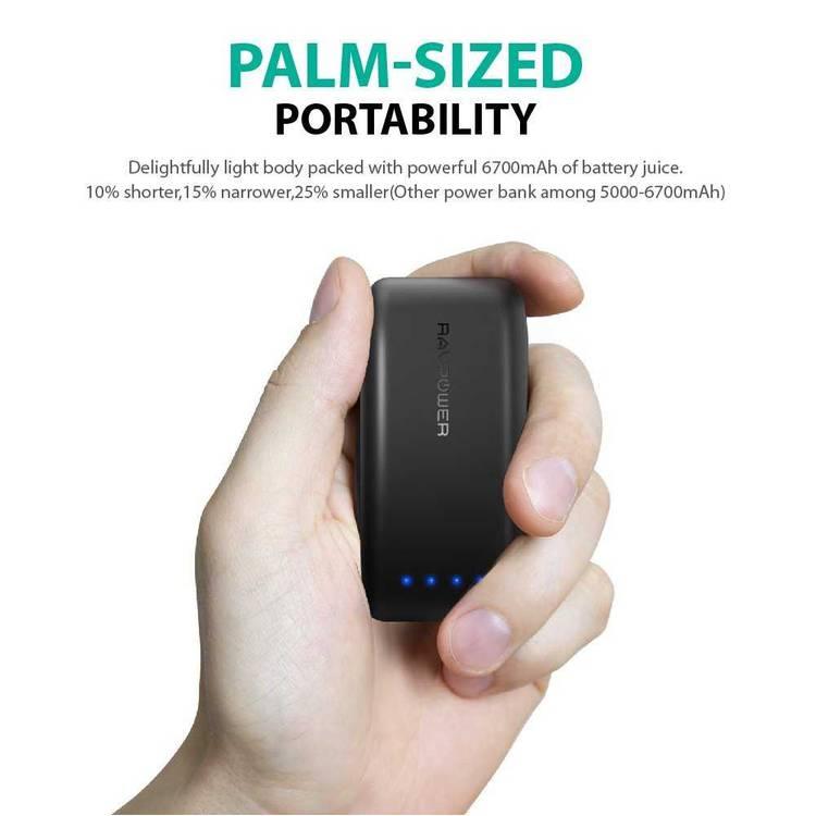 RAVPower 6700mAh Power Bank with iSmart Fast Charging Technology 2.0 Technology, Built-in LED Battery Indicator, Palm-Sized Design Portable Charger, Compact Travel-Friendly Design