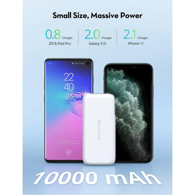RAVPower 2-Port PD Portable Power Bank 10000mAh 29W Fast Charging, USB-C PD & USB-A Port, Small Size Portable Charger, Massive Power, Overheating Protection Powerbank - White