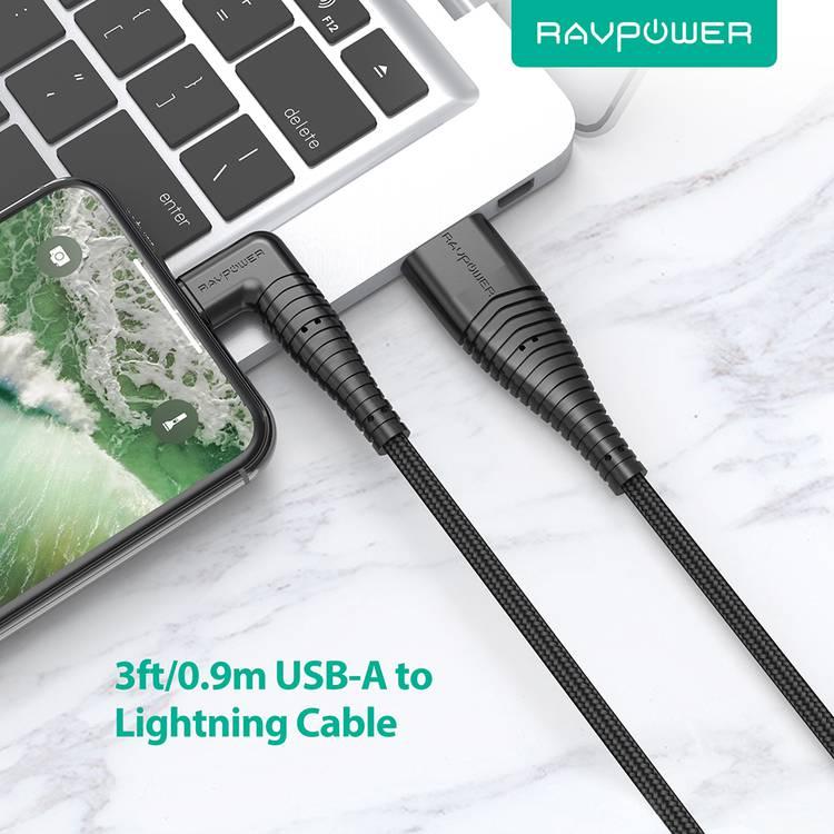 RAVPower Nylon Braided Cable 3ft/0.9m Compatible for Lightning Devices, 2.4A Fast Charging, 90 Degree Comfortable Playing Games, Fast Charging and Data Transmitter Cord