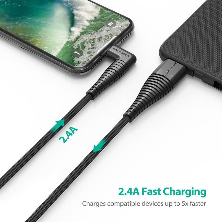 RAVPower Nylon Braided Cable 3ft/0.9m Compatible for Lightning Devices, 2.4A Fast Charging, 90 Degree Comfortable Playing Games, Fast Charging and Data Transmitter Cord
