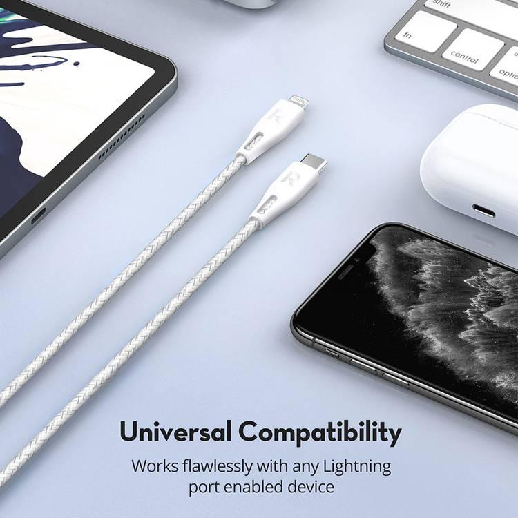 RAVPower Nylon Braided Cable 1.2M Compatible for Type-C to Lightning Cable, iPhone Connector Fast Charging and Data Transmitter Cord, Universal Compatibility MFi Certified - White