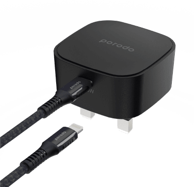 Porodo USB-C Adapter, Super-Compact Fast Wall Charger Power Delivery 20W UK with Built-in Protective Mechanism & Braided Type-C to Lightning Cable 1.2m