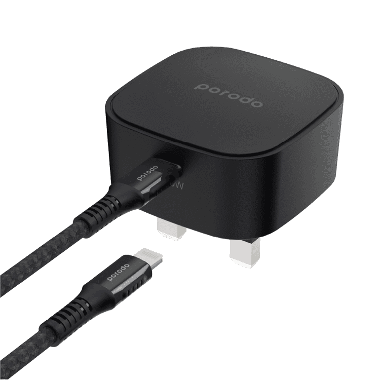 Porodo USB-C Adapter, Super-Compact Fast Wall Charger Power Delivery 20W UK with Built-in Protective Mechanism & Braided Type-C to Lightning Cable 1.2m