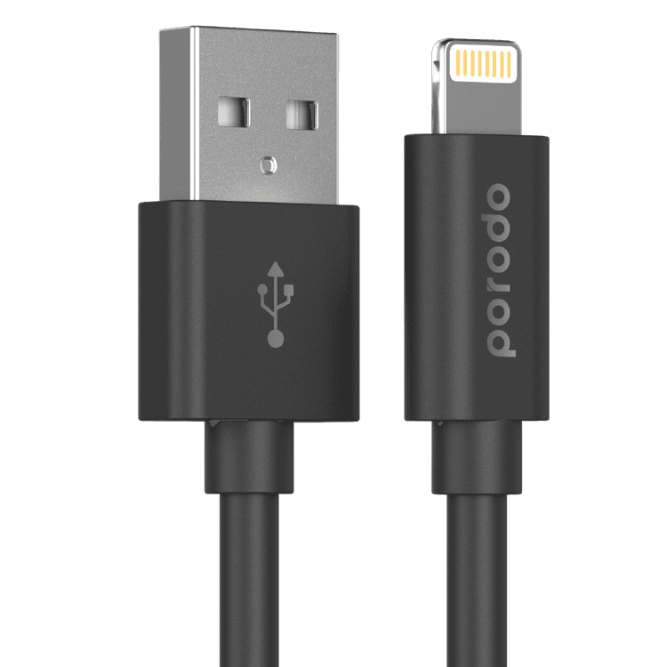 Porodo PVC Cable Compatible for Lightning Devices 1.2m 2.4A, Fast Data Sync & Charge, Durable and Portable Connector, Tactile & Robust Exterior, Dirt Resistance, MFi Certified - Black