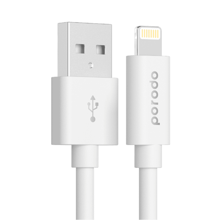 Porodo PVC Cable Compatible for Lightning Devices 1.2m 2.4A, Fast Data Sync & Charge, Durable and Portable Connector, Tactile & Robust Exterior, Dirt Resistance, MFi Certified - White