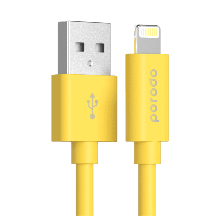 Porodo PVC Cable Compatible for Lightning Devices 1.2m 2.4A, Fast Data Sync & Charge, Durable and Portable Connector, Tactile & Robust Exterior, Dirt Resistance, MFi Certified - Yellow