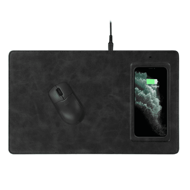 Powerology PU Leather Qi Wireless Charging Mouse Pad 10W, Case-Friendly, Fast Wireless Charging Mouse Mat Compatible for 12/12 Pro/12 Pro Max/11/11 Pro/11 Pro Max, Samsung Galaxy S10/S9/S8/Note 10 - Charcoal