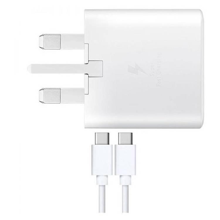 Samsung Travel Adapter 25W 3 pin with USB Type-C to Type-C Cable, Fast Charging Wall Charger, Genuine Samsung Charger Compatible with Galaxy Smartphones & Other Type-C Devices - White