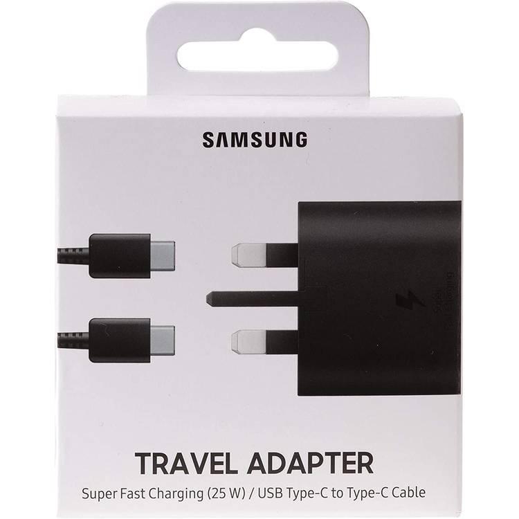 Samsung Travel Adapter 25W 3 pin with USB Type-C to Type-C Cable, Fast Charging Wall Charger, Genuine Samsung Charger Compatible with Galaxy Smartphones & Other Type-C Devices - Black
