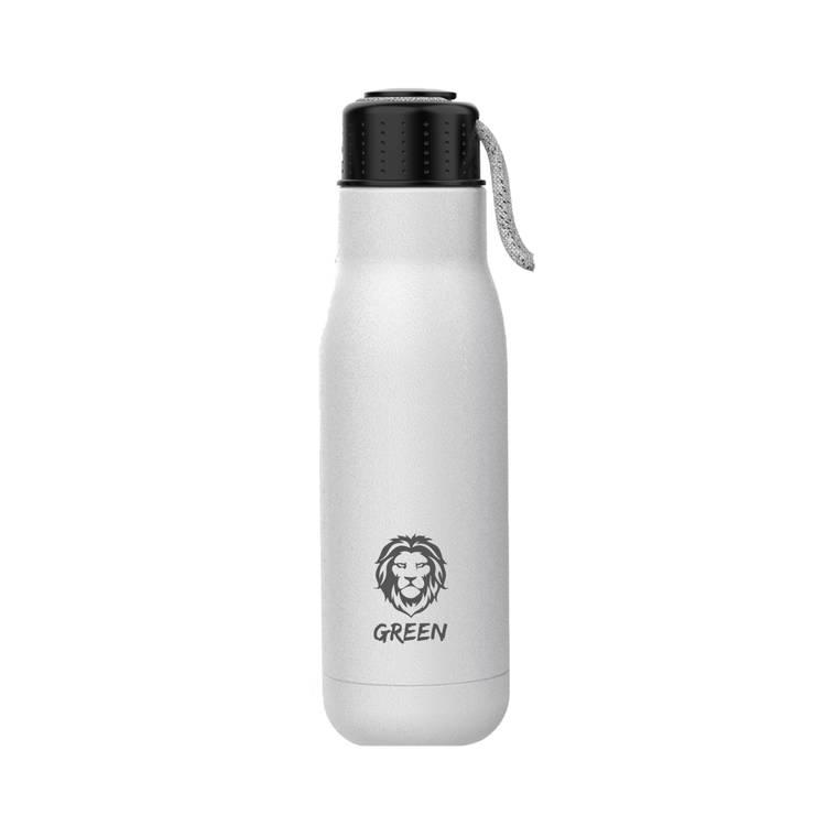 Green Lion Vacuum Flask Stainless Steel Water Bottle 500ml / 17oz with Strap, Aqua Max Double Vacuum Wall, Smudge Resistant, Scratch Defense & Condensation Proof - White