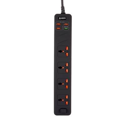 Green Lion 4 AC 4 USB 3.4A QC3.0 Multiport Smart Power Socket 3000W 3M with Overload Protection, Multi Power Plug Extension, Power Strip with USB Charging Suitable for Home & Office Black