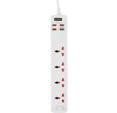 Green Lion 4 AC 4 USB 3.4A QC3.0 Multiport Smart Power Socket 3000W 3M with Overload Protection, Multi Power Plug Extension, Power Strip with USB Charging Suitable for Home & Office White