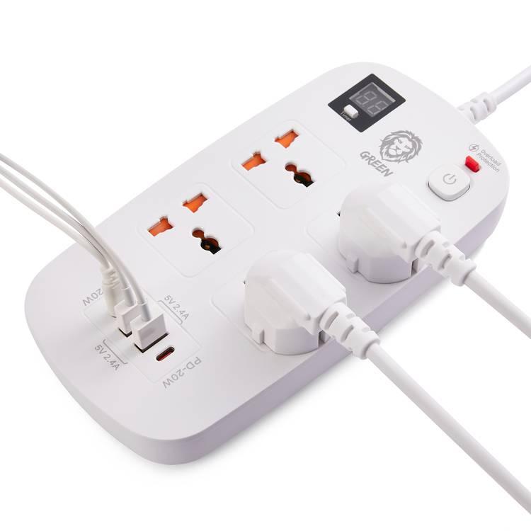 Green Lion 4 AC 2 USB & 2 USB-C PD 40W Multiport Smart Power Socket 3500W 3M with Timer & Overload Protection, Multi Power Plug Extension, Power Strip with USB & Type-C Charging Suitable for Home & Office