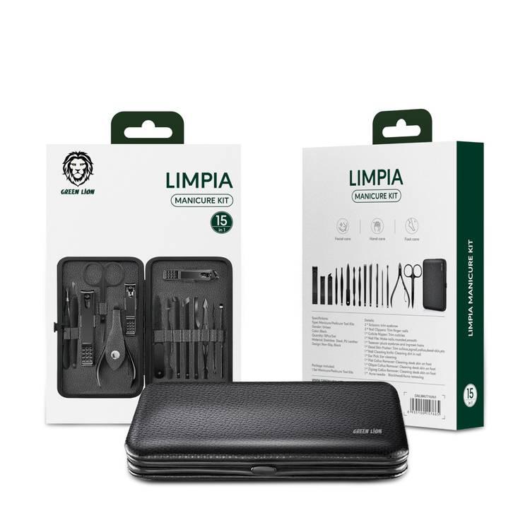 Green Lion Limpia 15 in 1 Manicure & Pedicure Kit, Stainless Steel PU Leather Nail Clipper Set, Non-Slip Tool Kit, Unisex Portable Travel Grooming Kit - Black