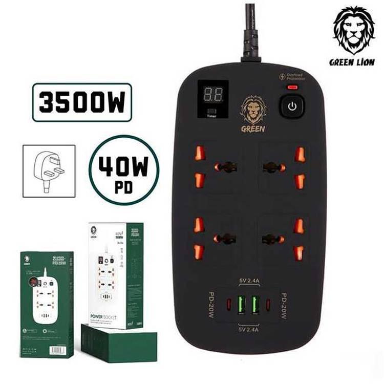 Green Lion 4 AC 2 USB & 2 USB-C PD 40W Multiport Smart Power Socket 3500W 3M with Time, Multi Power Plug Extension, Power Strip with USB & Type-C Charging - Black
