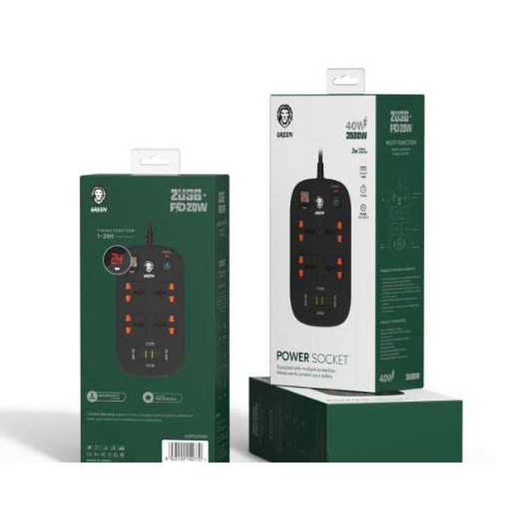 Green Lion 4 AC 2 USB & 2 USB-C PD 40W Multiport Smart Power Socket 3500W 3M with Time, Multi Power Plug Extension, Power Strip with USB & Type-C Charging - Black