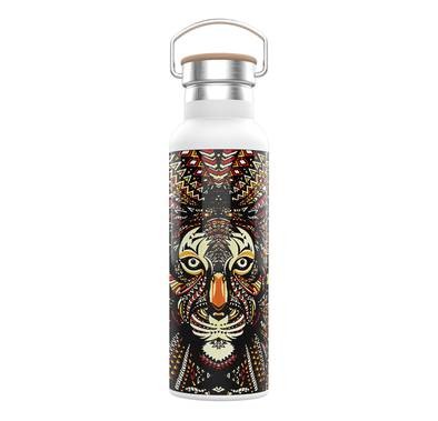 Green Pattern Stainless Steel Portable Water Bottle 600ml / 21oz with Handle, Double Vacuum Wall, Smudge Resistant, Scratch Defense, & Condensation Proof, High Quality Wood Lid