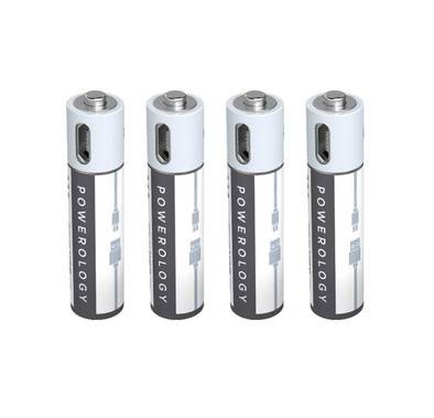 Powerology USB Rechargeable Battery, Reusable USB Lithium-ion Battery with Micro USB Cable - White (AA (1500mAh / 2250mWh), 4pcs/pack)