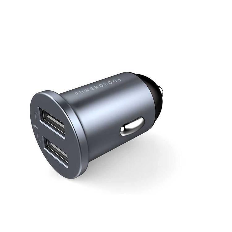 Powerology Dual USB-A Port Aluminum Mini Car Charger 4.8A 24W, Optimal Charging for Two Devices Simultaneously, Quick Charging Aluminum Car Adapter - Gray