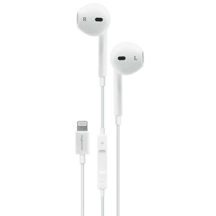 Porodo Soundtec Stereo Earphones 1.2m Compatible for iPhone Lightning Devices with High-Clarify Mic, Pure Sound, Wired Headset with 3-button Control, Plug & Play - White