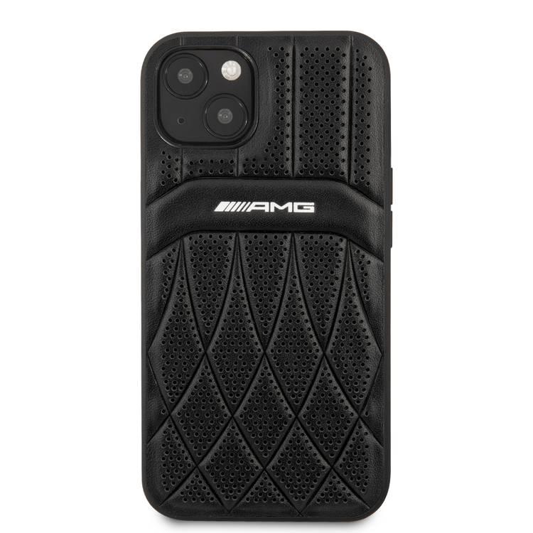 CG MOBILE AMG Genuine Leather Case With Perforated Black Leather Curved Lines Hot Stamped With Logo Compatible with iPhone 13 Pro Max (6.7") Easy Access to All Ports, Shock-Absorption, Anti-Scratch, & Drop Protection Back Cover Suitable with Wireless Charging Officially Licensed