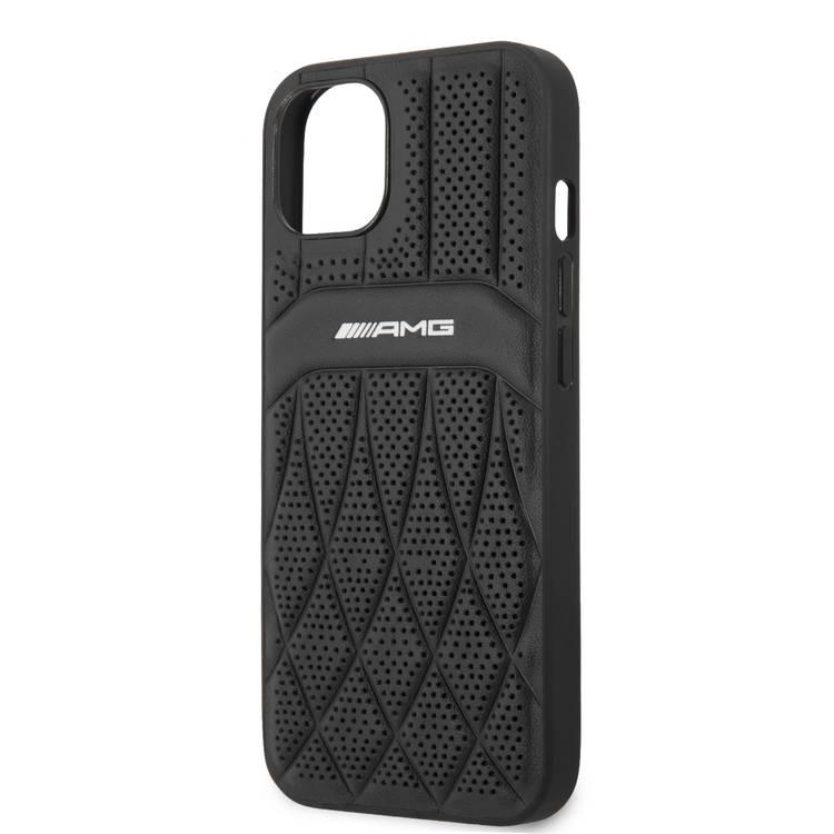 CG MOBILE AMG Genuine Leather Case With Perforated Black Leather Curved Lines Hot Stamped With Logo Compatible for iPhone 13 (6.1") Easy Access to All Ports