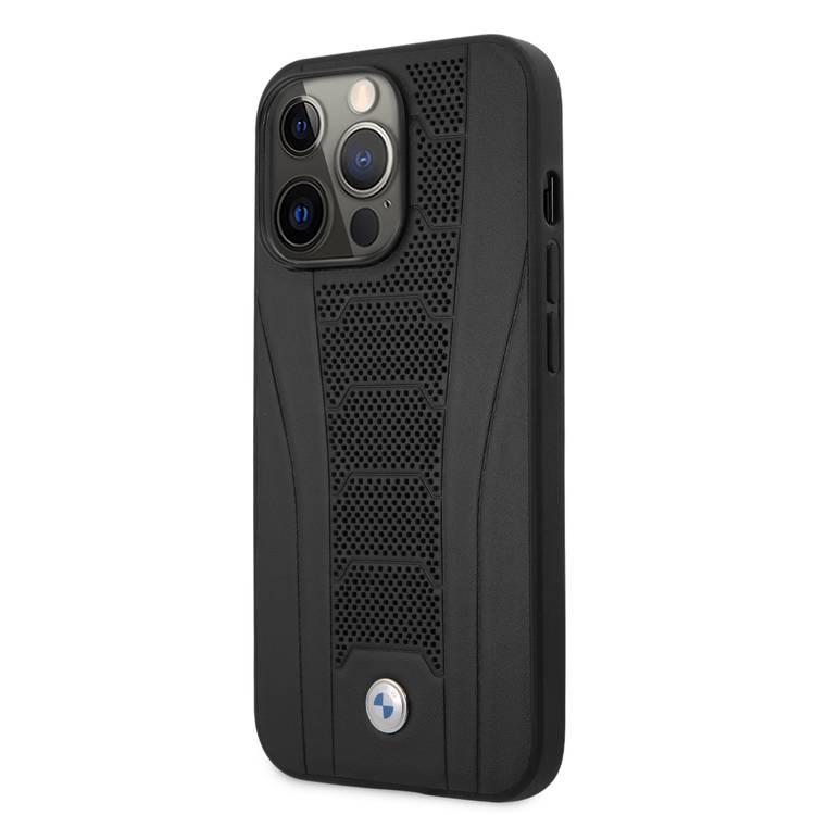 CG MOBILE BMW Real Leather Hard Case Seat Pattern Tone On Tone Perforations Debossed Lines Compatible for iPhone 13 Pro Max (6.7")  - Black