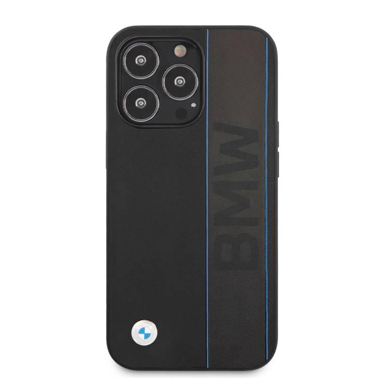 CG MOBILE BMW Real Leather Hard Case Debossed Wordmark Blue Outlines compatible with iPhone 13 Pro (6.1") Suitable with Wireless Charging Officially Licensed - Black