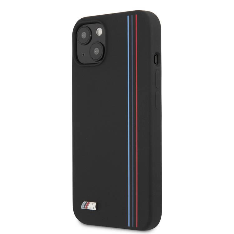 CG MOBILE BMW M Collection Liquid Silicone Hard Case Tricolor Vertical Lines Metal Logo Compatible for iPhone 13 (6.1") Easy Access to All Ports - Black