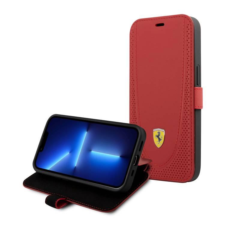 CG MOBILE Ferrari Genuine Leather Booktype Case with Curved Line Stitched & Perforated Leather Compatible for iPhone 13 Pro (6.1") Anti-Scratch