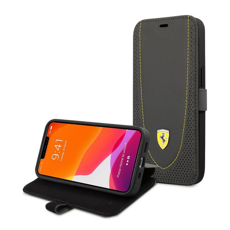 CG MOBILE Ferrari Genuine Leather Booktype Case with Curved Line Stitched & Perforated Leather Compatible for iPhone 13 Pro Max (6.7") Anti-Scratch