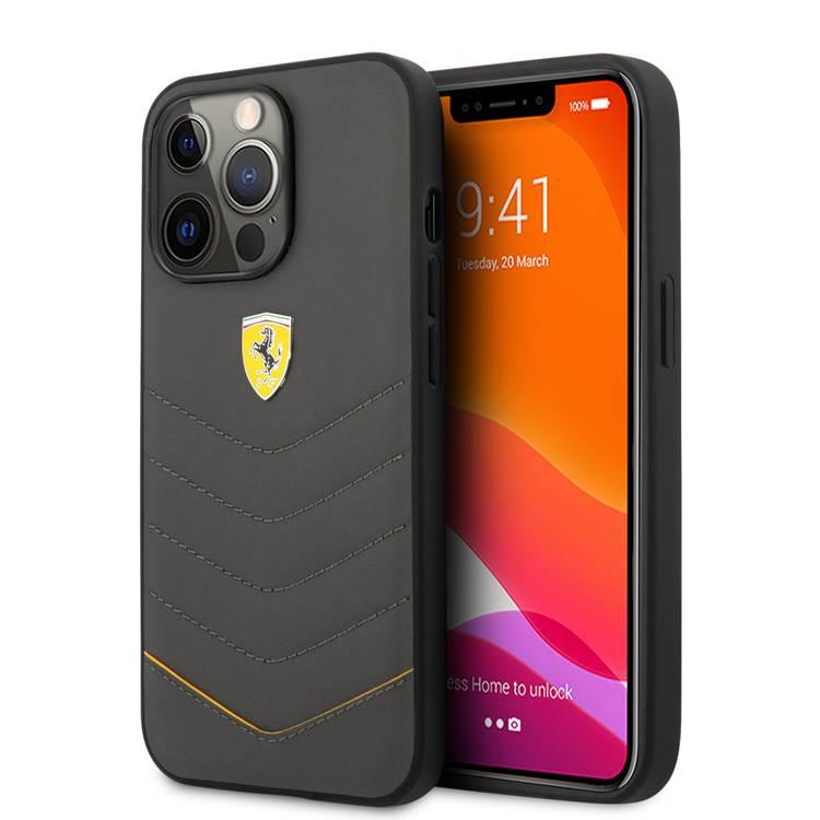 CG MOBILE Ferrari Genuine Leather Quilted Edge Hard Case Compatible for iPhone 13 Pro (6.1") Shock & Scratches Resistant, Easy Access to All Ports (Buttons & Speakers)