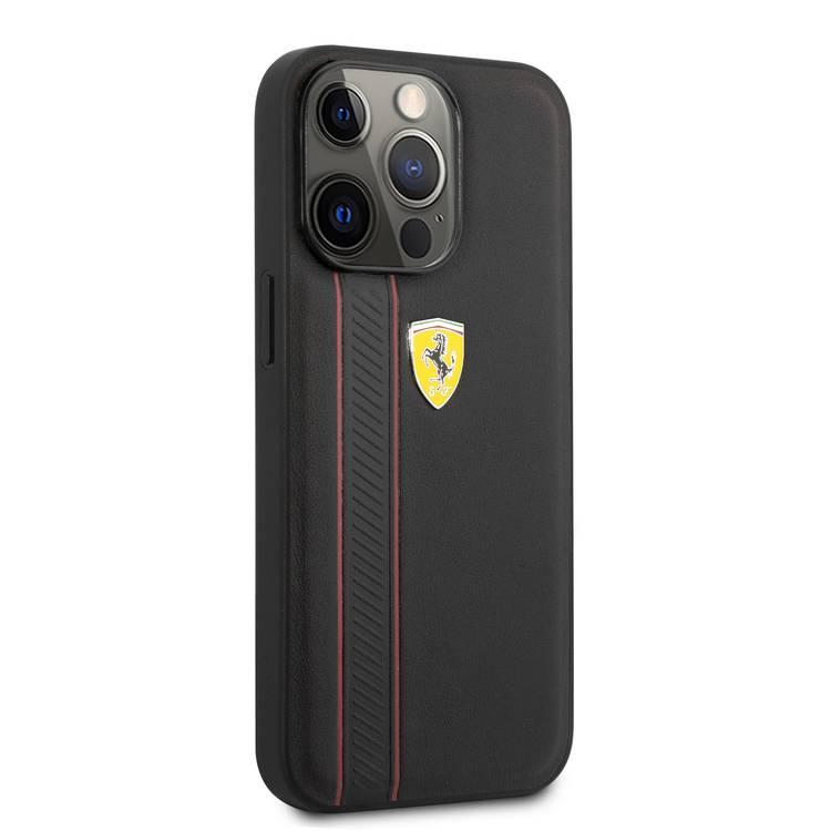 CG MOBILE Ferrari Genuine Leather Hard Case with Debossed Stripes Compatible ffor iPhone 13 Pro (6.1") Shock & Scratches Resistant, Easy Access to All Ports