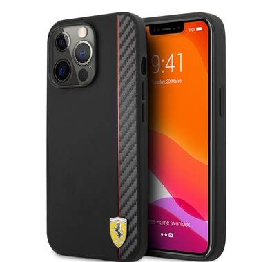 CG MOBILE Ferrari Hard Case PU Smooth & Carbon Effect Vertical Stripe Metal Logo Compatible for iPhone 13 Pro Max (6.7") Anti-Scratch, Easy Access to All Ports