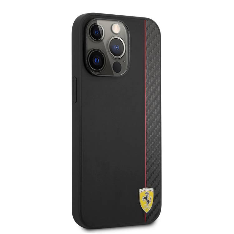 CG MOBILE Ferrari Hard Case PU Smooth & Carbon Effect Vertical Stripe Metal Logo Compatible for iPhone 13 Pro Max (6.7") Anti-Scratch, Easy Access to All Ports, Shock Absorption Protective Back Cover Suitable with Wireless Charging Officially Licensed