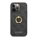 CG MOBILE Guess PU Leather 4G Case with 360° Rotating Ring Grip Holder Stand Compatible for iPhone 13 Pro (6.1") Suitable with Wireless Charging Officially Licensed - Black