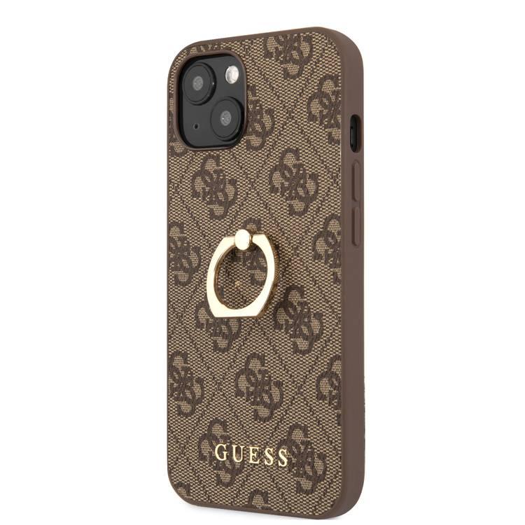 CG MOBILE Guess PU Leather 4G Case with 360° Rotating Ring Grip Holder Stand Compatible for iPhone 13 Mini (5.4") Suitable with Wireless Charging Officially Licensed - Brown