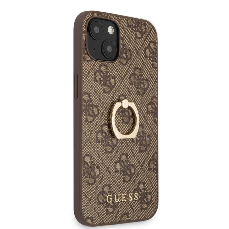 CG MOBILE Guess PU Leather 4G Case with 360° Rotating Ring Grip Holder Stand Compatible for iPhone 13 (6.1") Suitable with Wireless Charging Officially Licensed - Brown