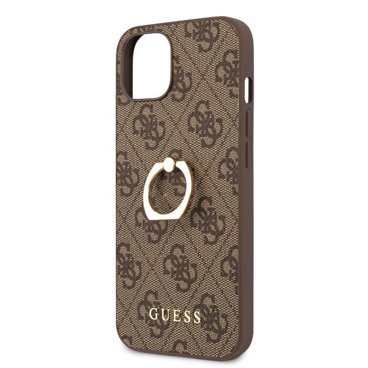 CG MOBILE Guess PU Leather 4G Case with 360° Rotating Ring Grip Holder Stand Compatible for iPhone 13 (6.1") Suitable with Wireless Charging Officially Licensed - Brown