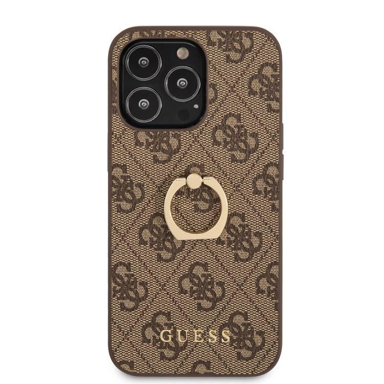 CG MOBILE Guess PU Leather 4G Case with 360° Rotating Ring Grip Holder Stand Compatible for iPhone 13 Pro (6.1") Suitable with Wireless Charging Officially Licensed - Brown
