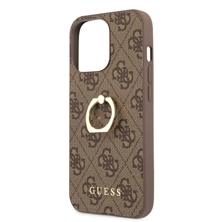 CG MOBILE Guess PU Leather 4G Case with 360° Rotating Ring Grip Holder Stand Compatible for iPhone 13 Pro (6.1") Suitable with Wireless Charging Officially Licensed - Brown
