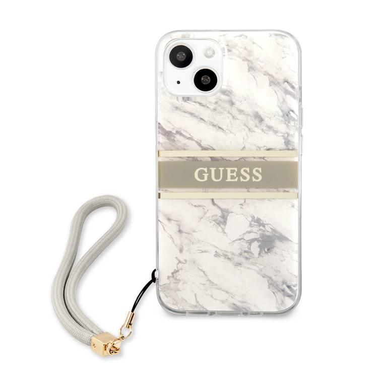 CG MOBILE Guess PC/TPU Case Marble Design & Stripe with Anti-Lost Nylon Strap for iPhone 13 (6.1") Shock Absorption & Drop Protection Suitable with Wireless Chargers Officially Licensed Gray