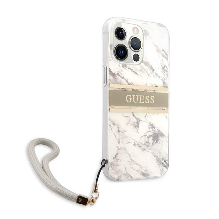 CG MOBILE Guess PC/TPU Case Marble Design & Stripe with Nylon Strap Compatible for iPhone 13 Pro Max (6.7") Back Cover Suitable with Wireless Charging Officially Licensed - Gray