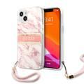 CG MOBILE Guess PC/TPU Case Marble Design & Stripe with Anti-Lost Nylon Strap for iPhone 13 (6.1") Shock Absorption & Drop Protection Suitable with Wireless Chargers Officially Licensed Pink