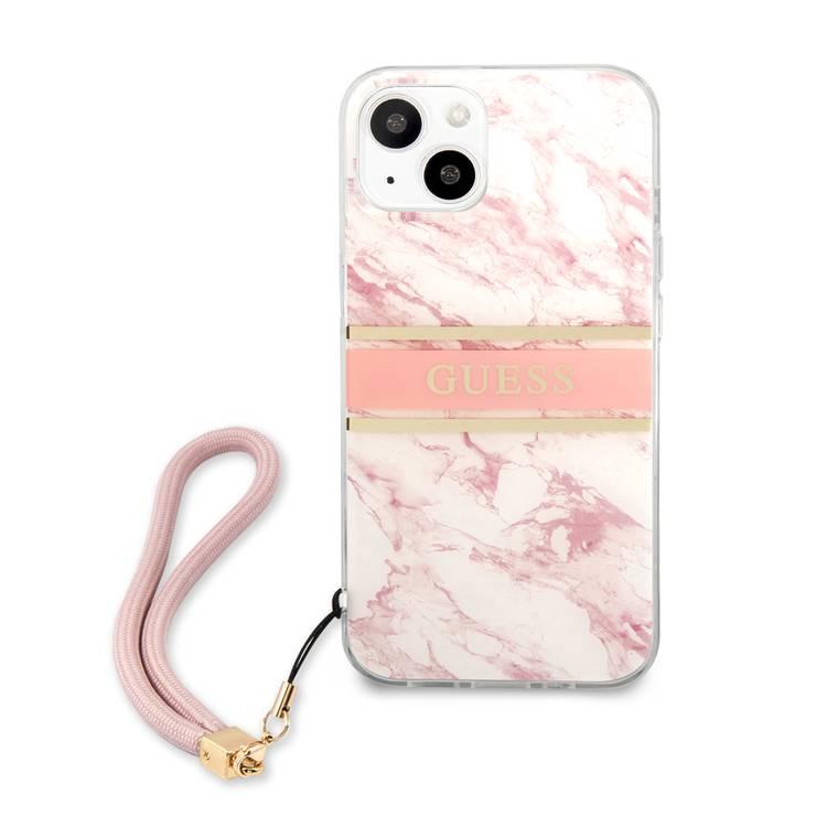 CG MOBILE Guess PC/TPU Case Marble Design & Stripe with Anti-Lost Nylon Strap for iPhone 13 (6.1") Shock Absorption & Drop Protection Suitable with Wireless Chargers Officially Licensed Pink
